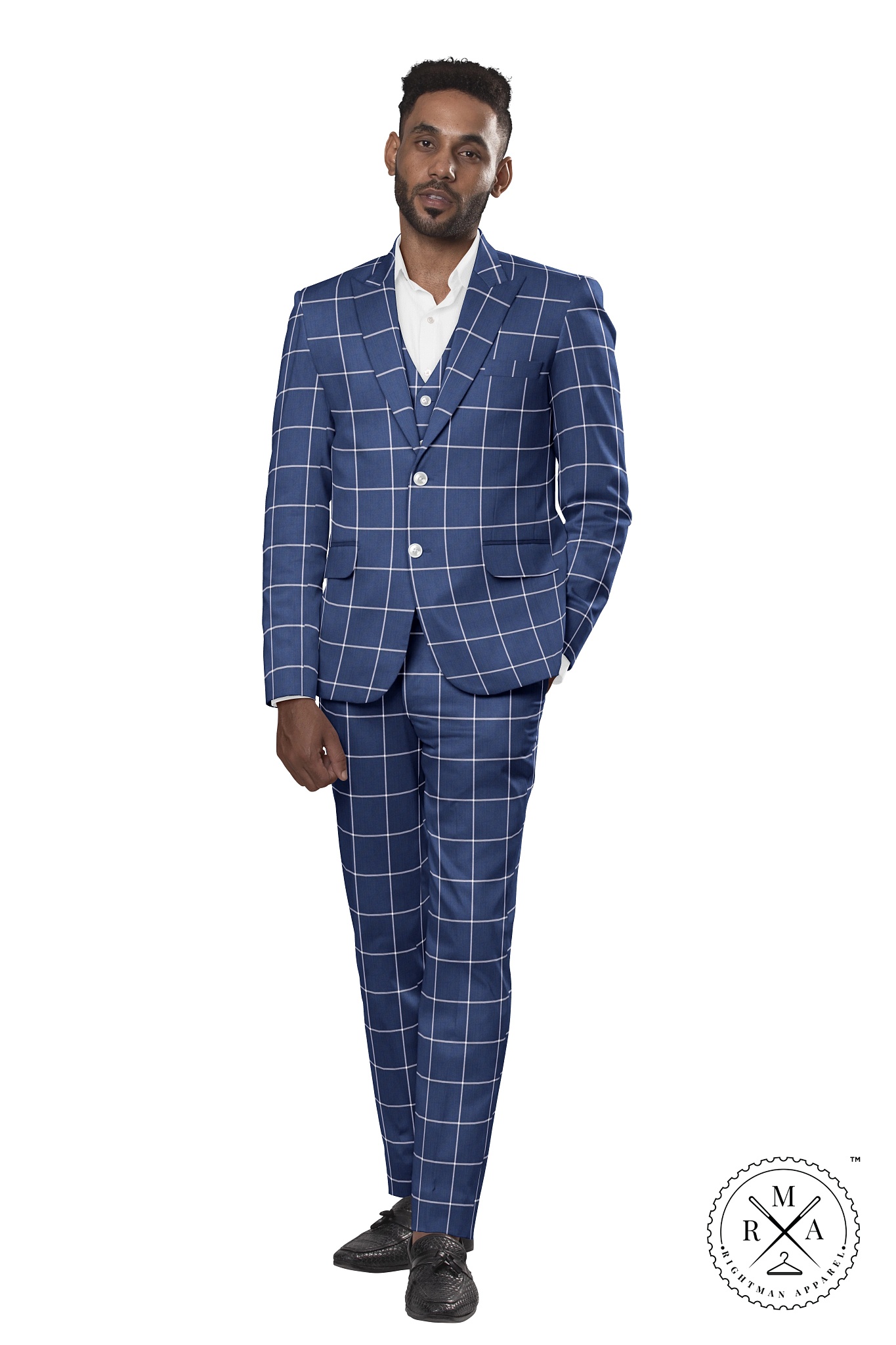 Blue Three Piece Suit With White Windowpane Checks SU43