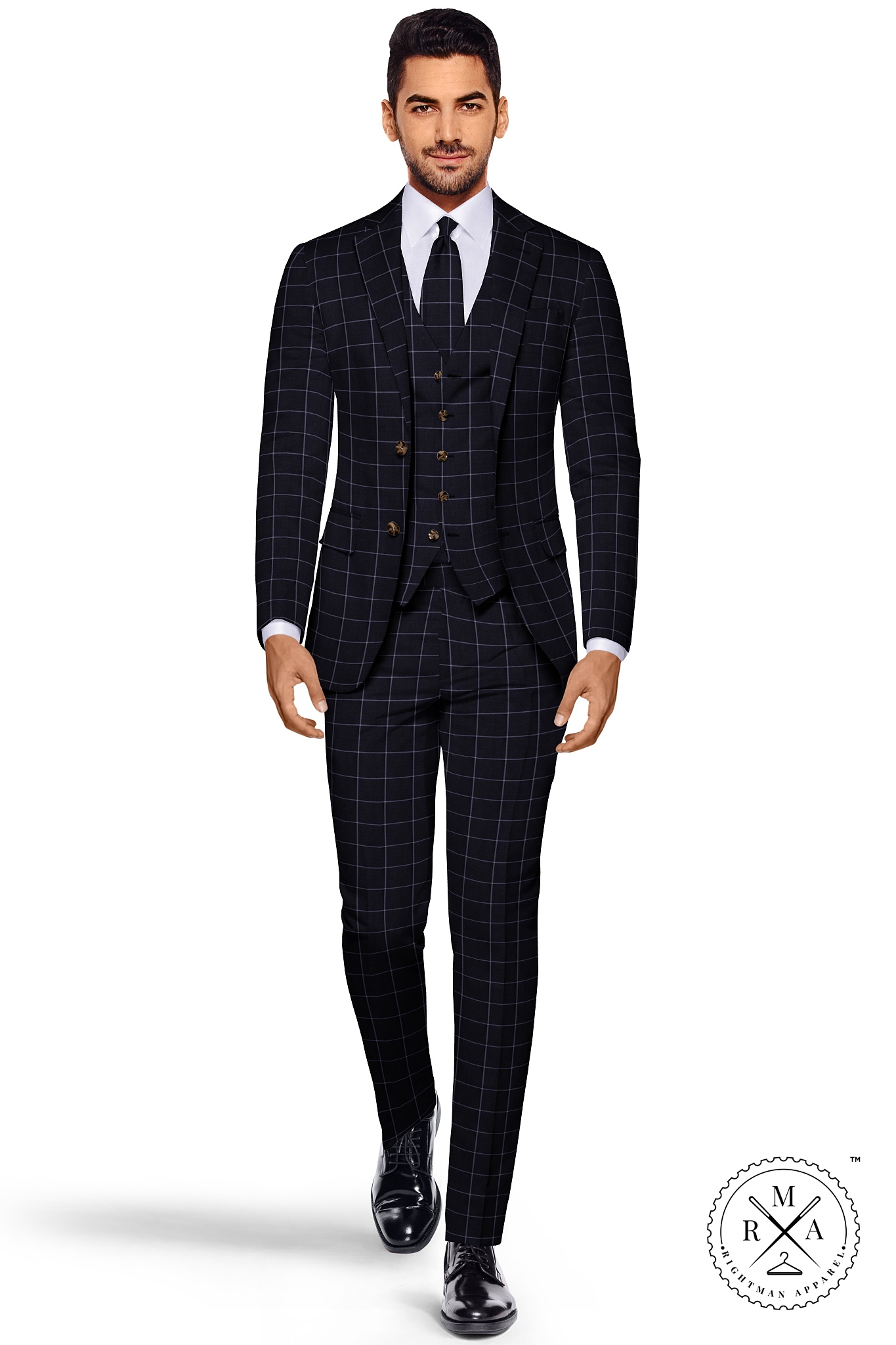 Black Three Piece Suit With White Windowpane Checks SU44