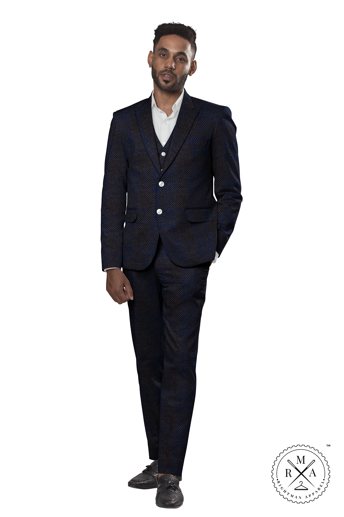 Blue TR Three Piece Suit With Brown Checks SU76