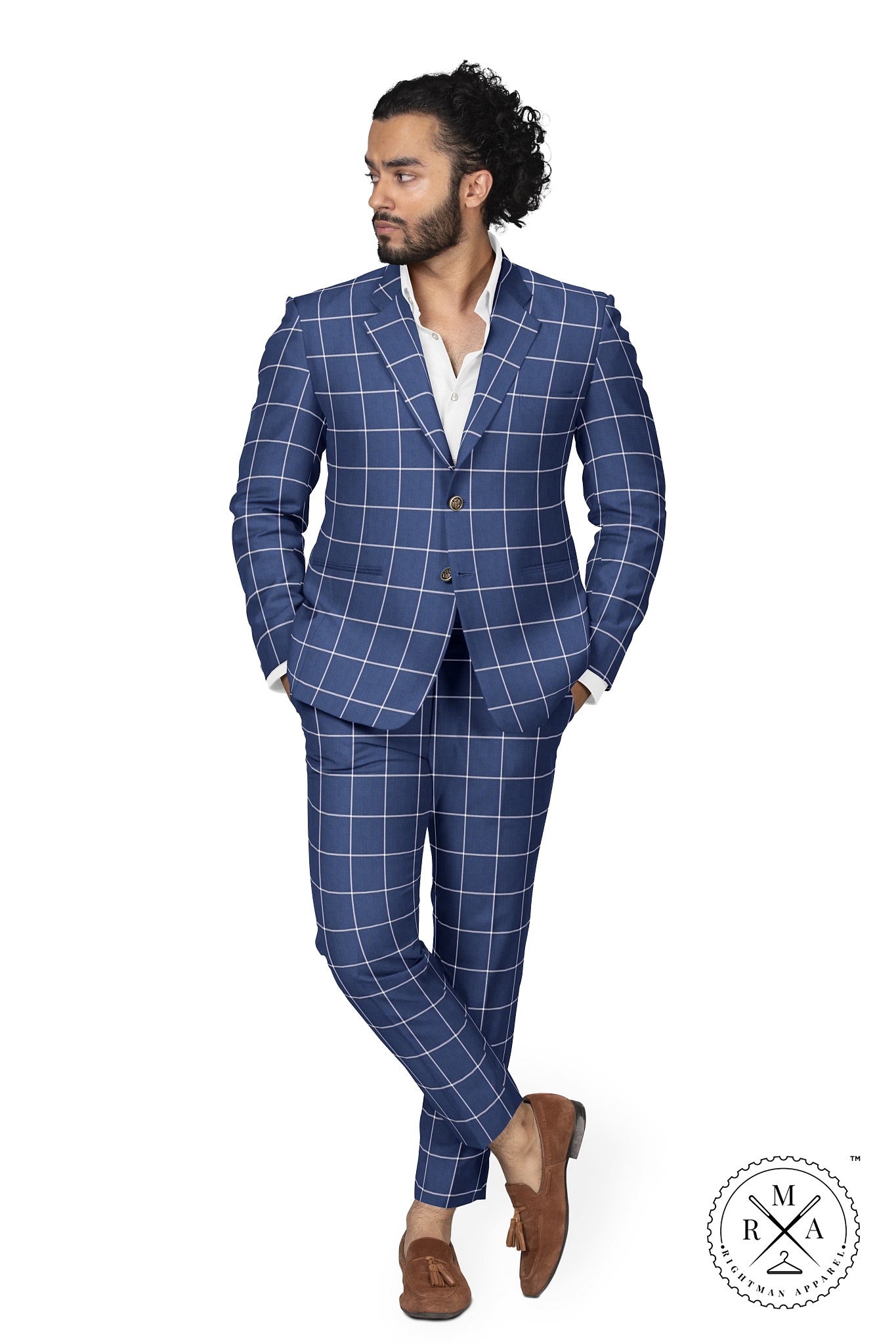 Blue Two Piece Suit With White Windowpane Checks SU43